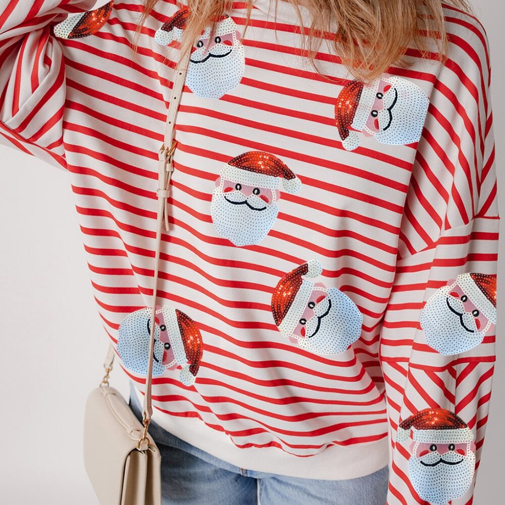 B311 Stripe Sequin Santa Claus Christmas Pullover Sweatshirt - Picture 3 of 5